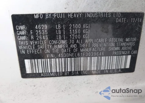 2015 Subaru Legacy 3.6R Limited z USA, uszkodzony, nr VIN 4S3BNEL61F3039646